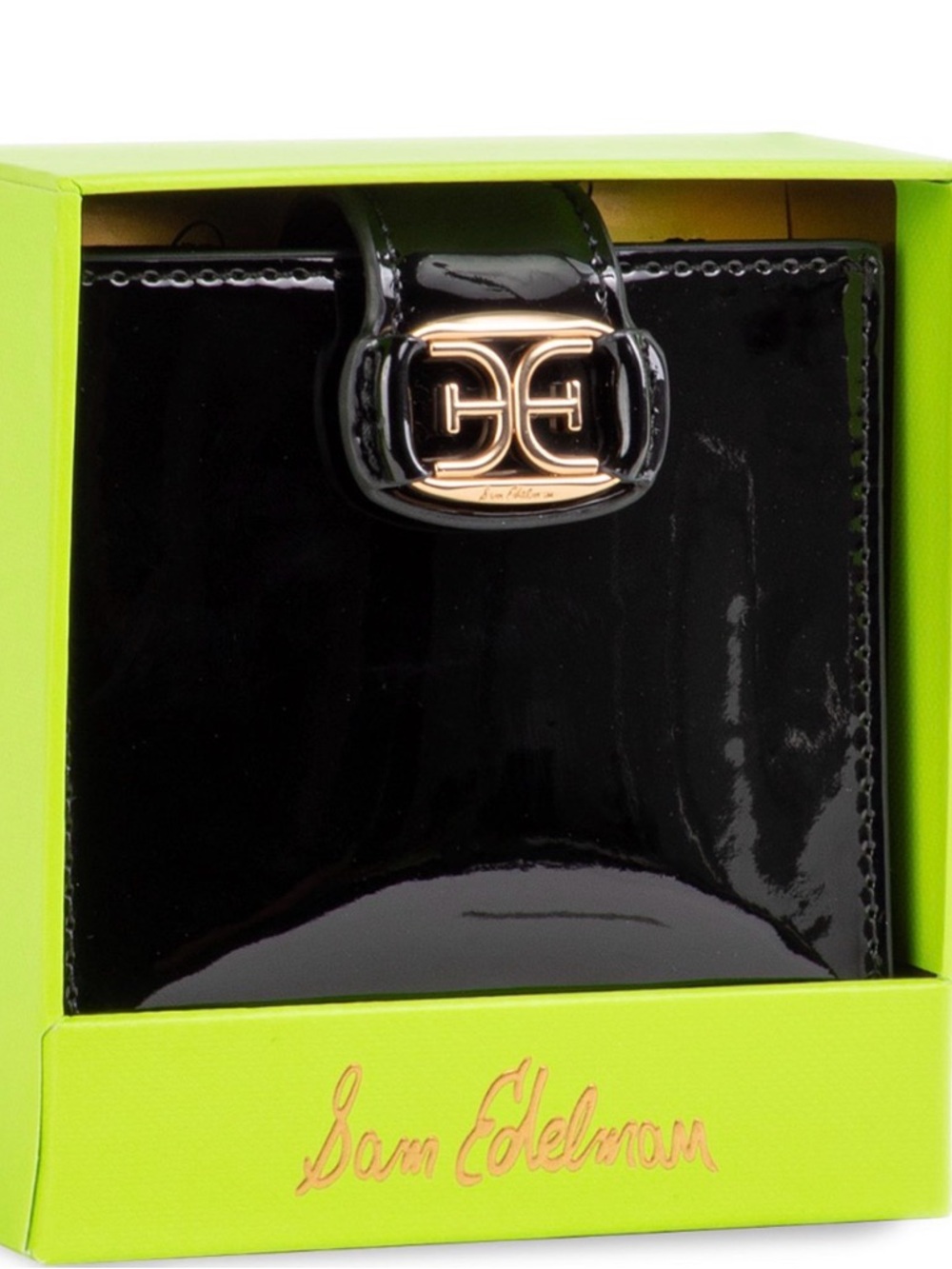 NWT Sam Edelman Black Patent Leather Compact Wallet with Gold Logo Accent